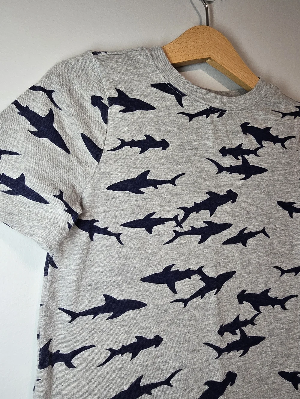 Old Navy Grey Tee with Navy Shark Silhouettes